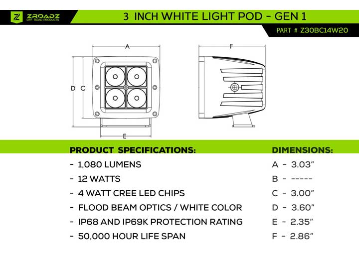 3IN SQUARE LED CUBE /  WORK LIGHT -  20 WATT CREE                                                    